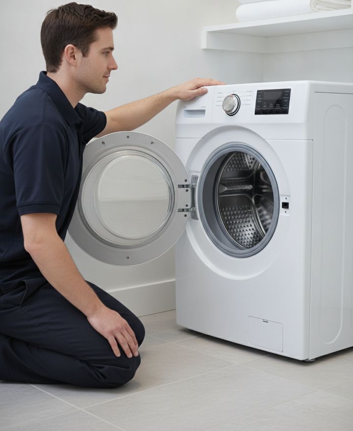 A technician in a navy polo kneeling at an open front-load washer, one hand on its top