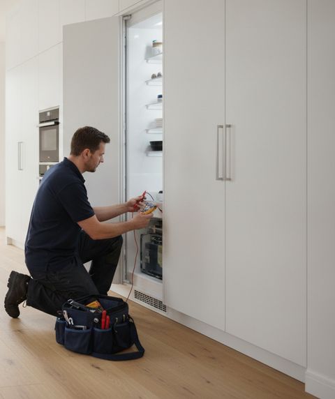 A technician in a navy polo kneeling at the open bottom grille of a panel-ready built-in refrigerator, testing it with a multimeter