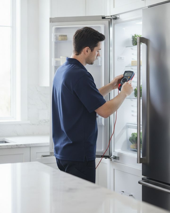 A technician in a navy polo testing the control panel of an open built-in refrigerator with a multimeter