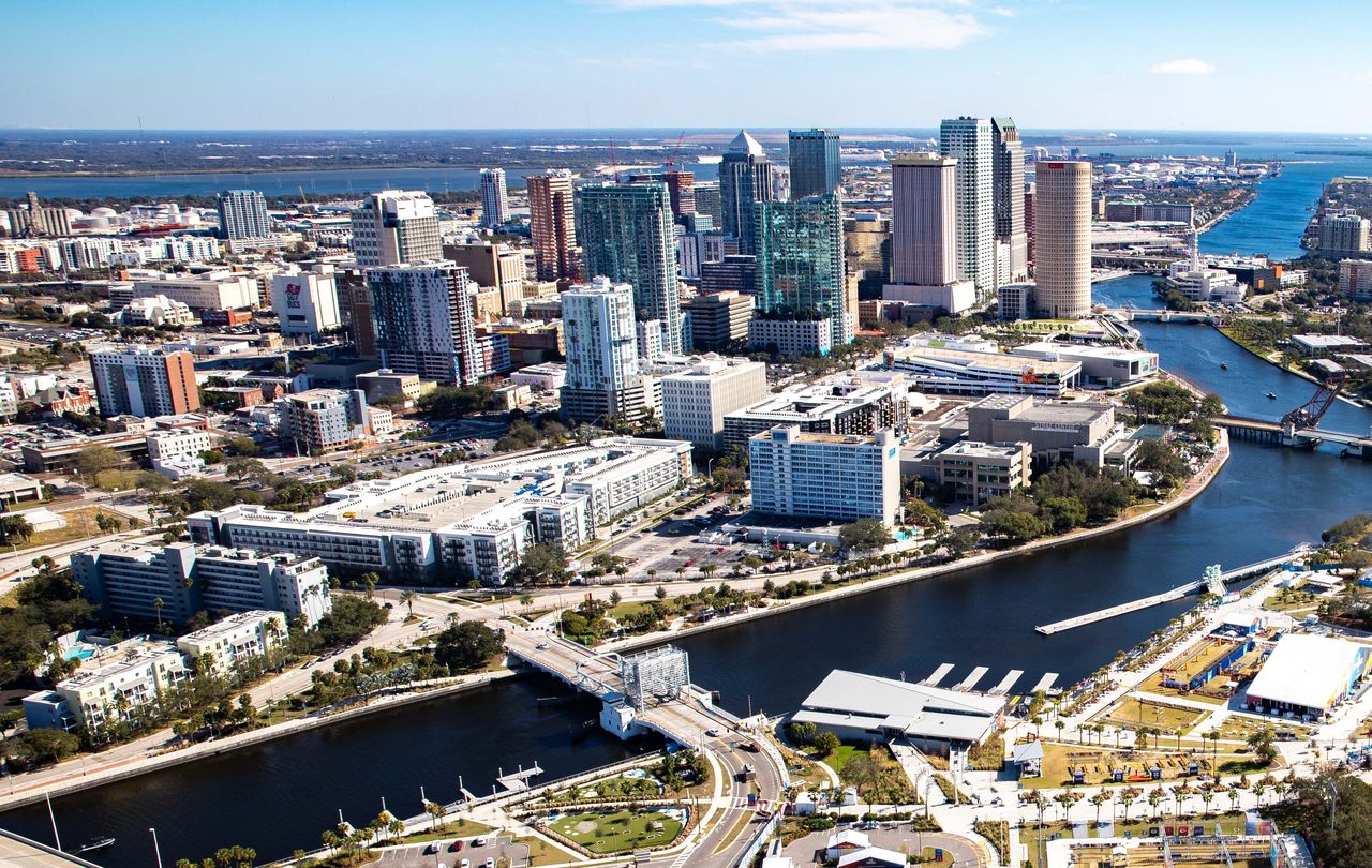 Downtown Tampa from the air: towers along the Hillsborough River, its bridges and the bay beyond