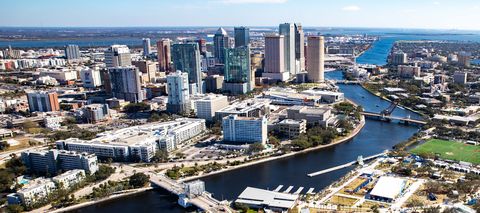 Downtown Tampa’s towers and the Hillsborough River, from the air