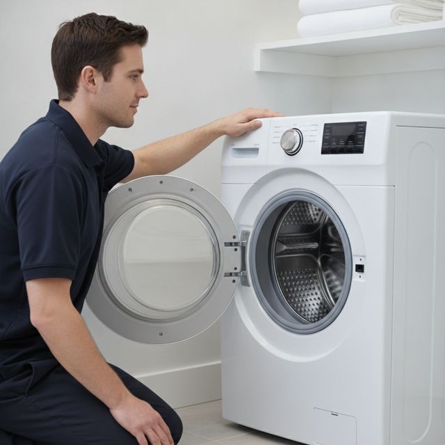 A technician in a navy polo kneels at a white front-load washer with its door open, one hand on the rim of the opening
