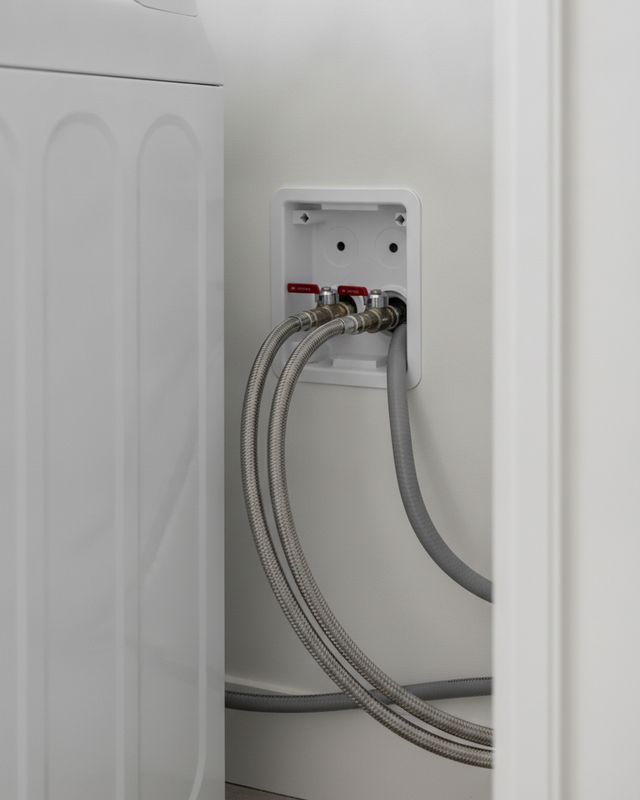 Braided steel hoses running from two shut-off valves in a wall box to the back of a washer