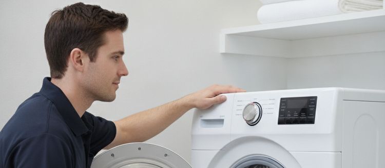 A technician in a navy polo with one hand on top of a front-load washer, its door open
