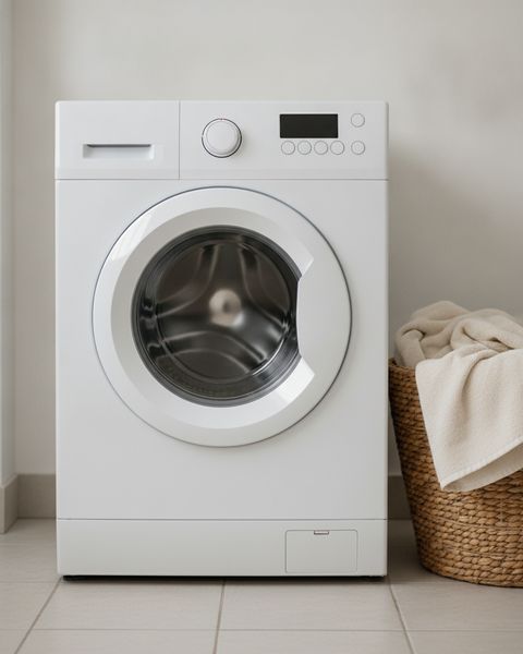 A white front-load washing machine with a round glass door beside a basket of folded towels
