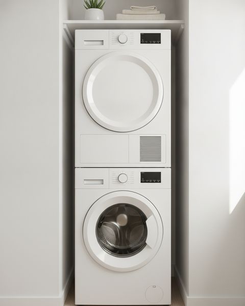 A white front-load washer with a matching dryer stacked on top of it in a laundry nook