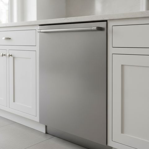 A stainless steel built-in dishwasher under a stone countertop between white cabinets