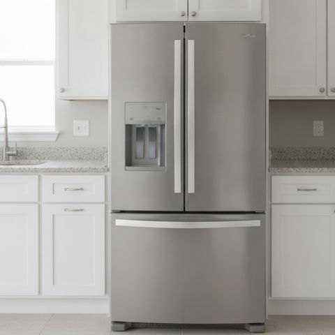 A stainless steel French door refrigerator between white kitchen cabinets
