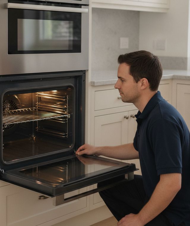 A technician in a navy polo kneeling at the open lower oven of a pair of stainless wall ovens, one hand on the oven door