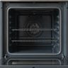 The empty inside of an open wall oven with dark gray walls, two wire racks and the light off