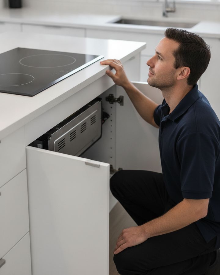 A technician in a navy polo kneeling at an open cabinet under a black glass induction cooktop, looking at the unit's metal housing