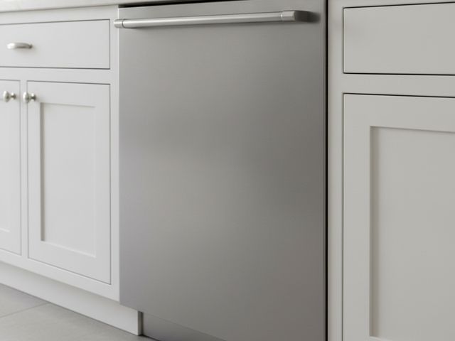 A stainless steel built-in dishwasher between white kitchen cabinets