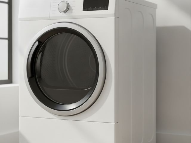 A white front-load dryer with a round glass door in a bright laundry room